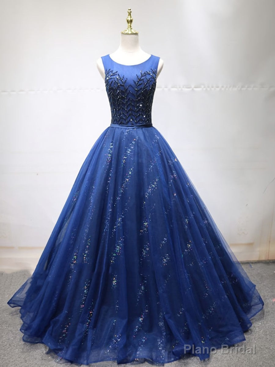 Round Neck Dark Navy Blue Long Prom Dresses with Corset Back, Navy Blue Formal Evening Dresses Secondary image