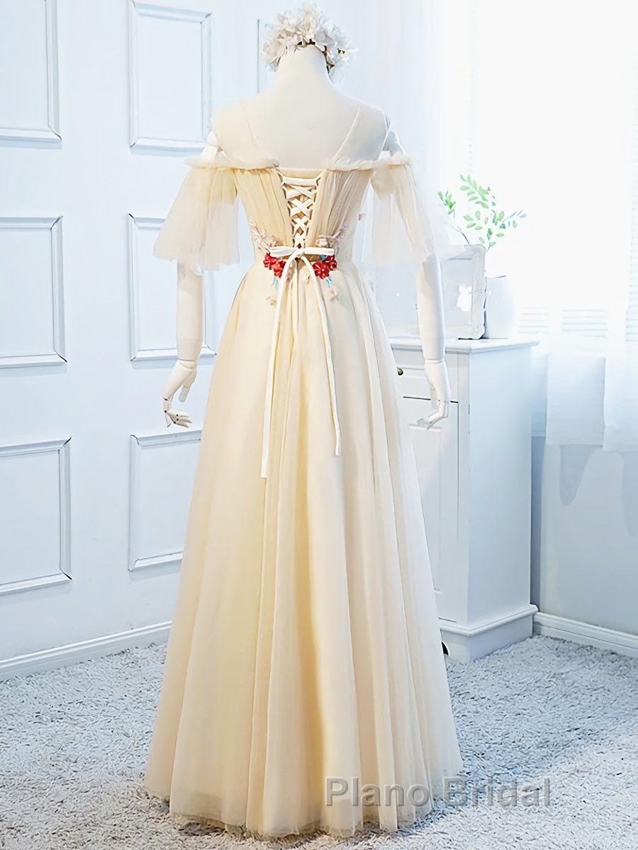 Round Neck Floral Champagne Long Formal Prom Dress with Corset Back, Champagne Long Formal Bridesmaid Dresses Secondary image