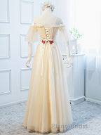 Round Neck Floral Champagne Long Formal Prom Dress with Corset Back, Champagne Long Formal Bridesmaid Dresses