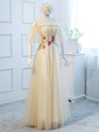 Round Neck Floral Champagne Long Formal Prom Dress with Corset Back, Champagne Long Formal Bridesmaid Dresses