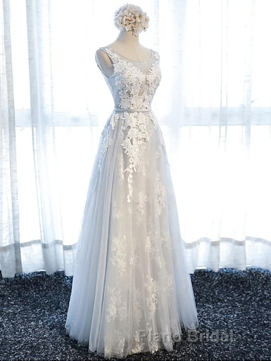 Round Neck Gray Lace Formal Prom Dresses with Corset Back, Gray Lace Formal Evening Bridesmaid Dresses Secondary image