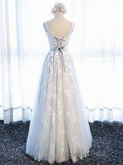 Round Neck Gray Lace Formal Prom Dresses with Corset Back, Gray Lace Formal Evening Bridesmaid Dresses