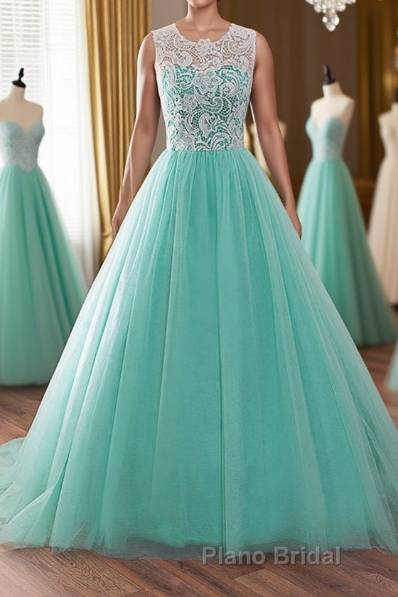 Round Neck Green Lace Tulle Long Formal Prom Dresses, Green Lace Formal Dresses, Green Evening Dresses Main image