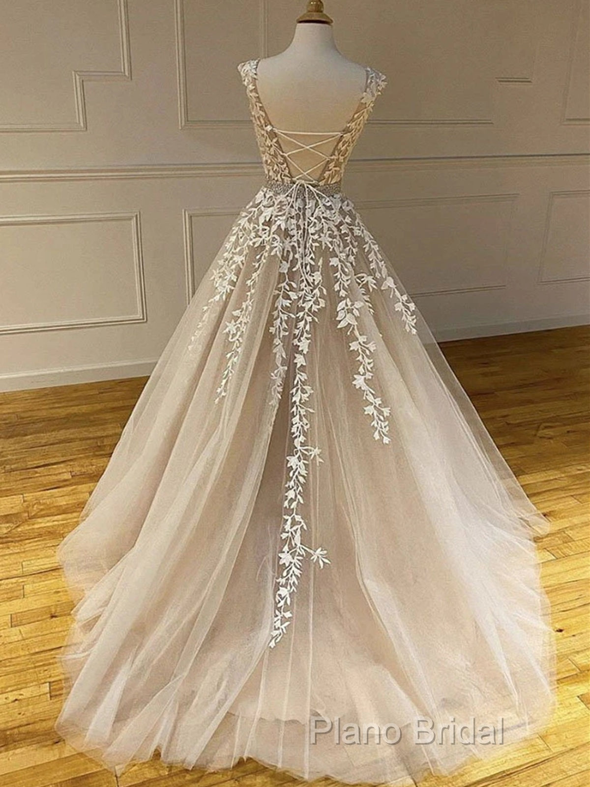 Round Neck Long Champagne Lace Wedding Dresses, Champagne Lace Formal Prom Formal Dresses Secondary image