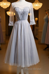 Round Neck Long Sleeves Blue Formal Prom Dresses, Long Sleeves Blue Formal Bridesmaid Evening Dresses