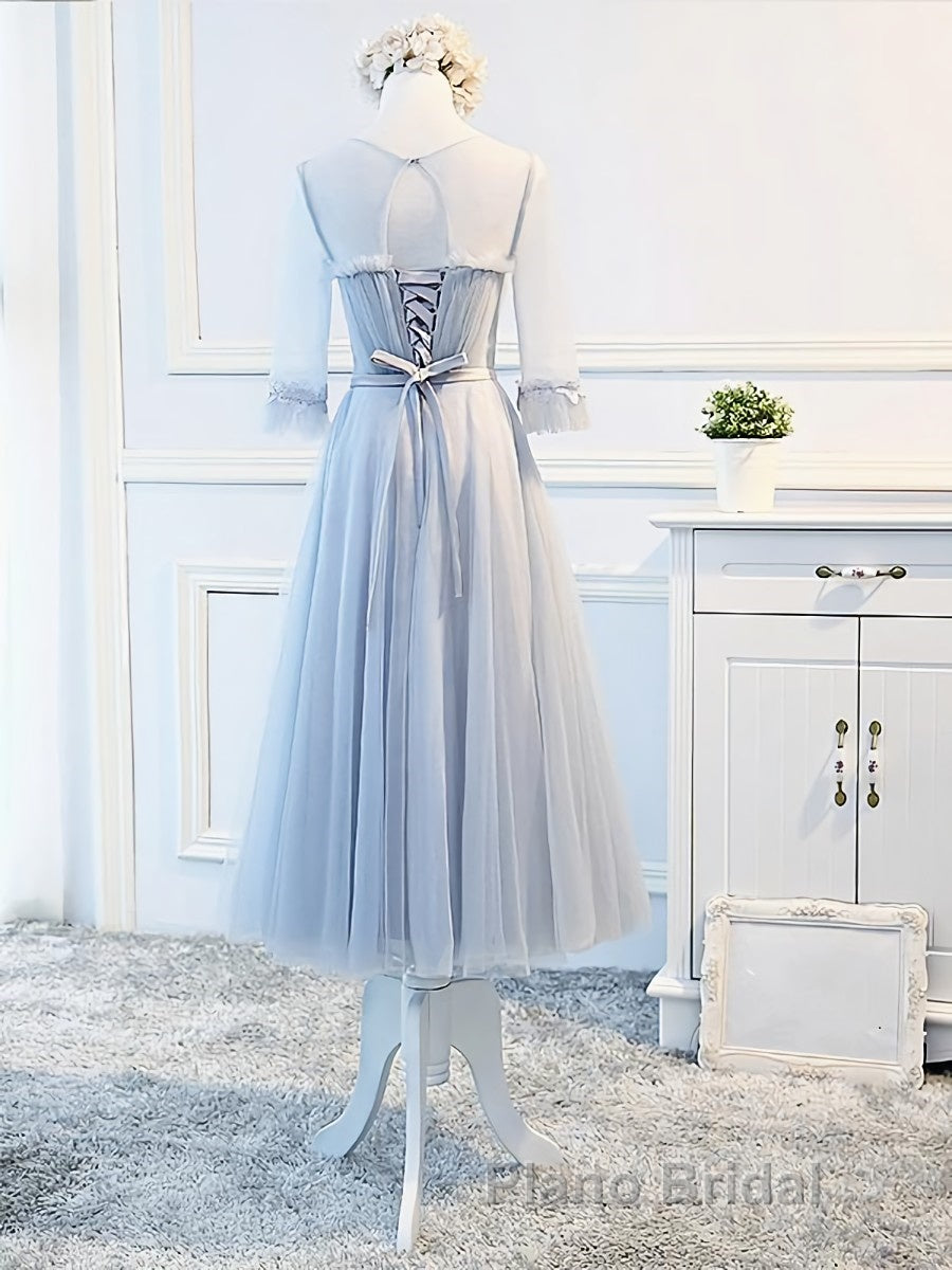 Round Neck Long Sleeves Blue Formal Prom Dresses, Long Sleeves Blue Formal Bridesmaid Evening Dresses