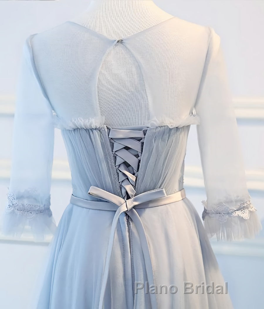 Round Neck Long Sleeves Blue Formal Prom Dresses, Long Sleeves Blue Formal Bridesmaid Evening Dresses