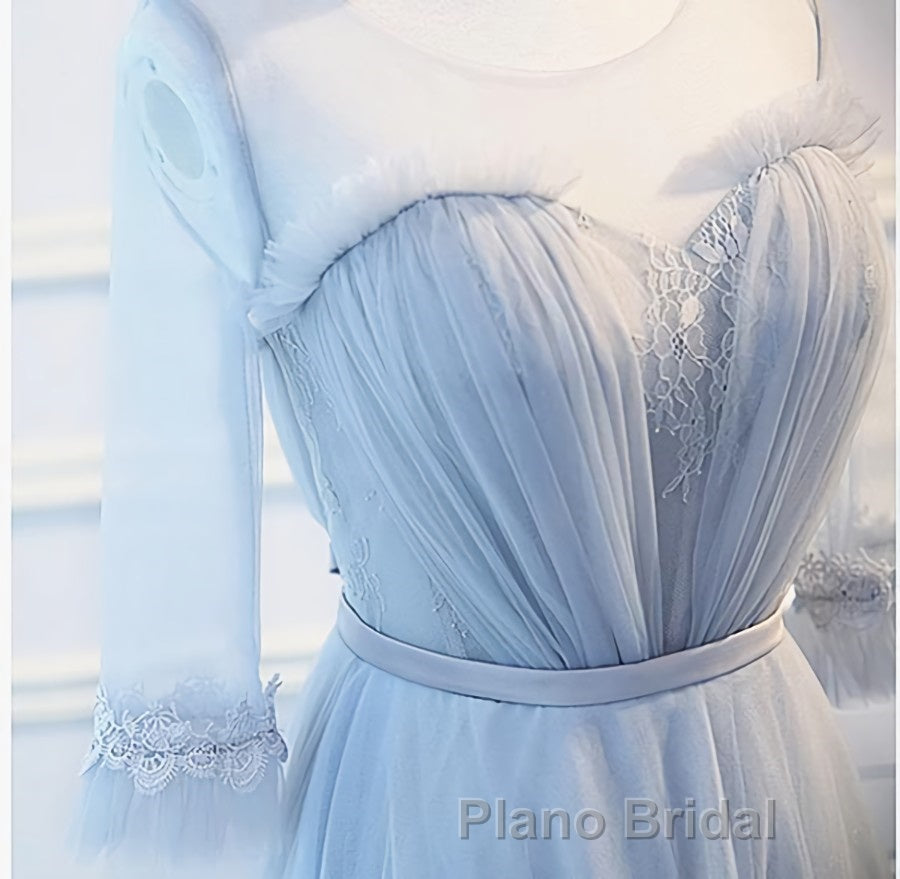 Round Neck Long Sleeves Blue Formal Prom Dresses, Long Sleeves Blue Formal Bridesmaid Evening Dresses