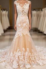 Round Neck Mermaid Champagne Lace Long Formal Prom Dress, Mermaid Champagne Formal Dress, Champagne Lace Evening Dress