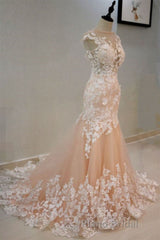 Round Neck Mermaid Champagne Lace Long Formal Prom Dress, Mermaid Champagne Formal Dress, Champagne Lace Evening Dress