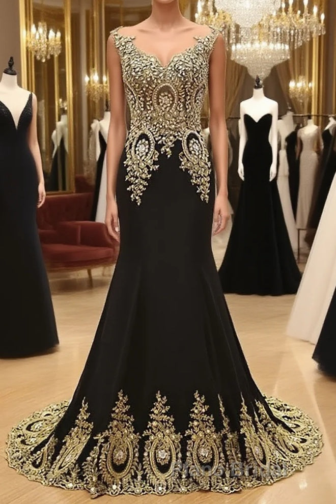 Round Neck Mermaid Lace Applique Black Formal Prom Dresses, Lace Black Formal Dresses Main image