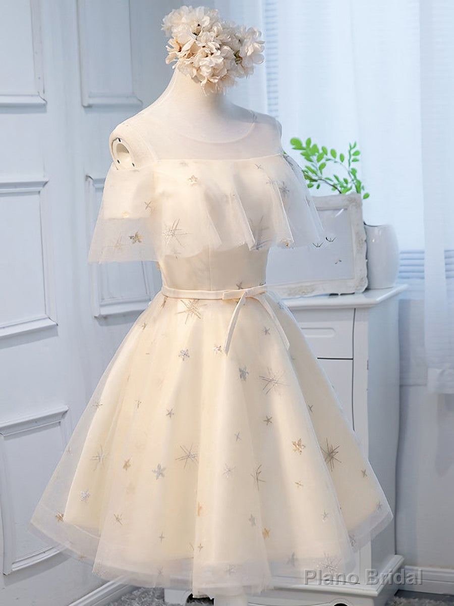 Round Neck Off the Shoulder Short Champagne Prom Dresses, Short Champagne Graduation Dress Main image