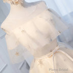 Round Neck Off the Shoulder Short Champagne Prom Dresses, Short Champagne Graduation Dress