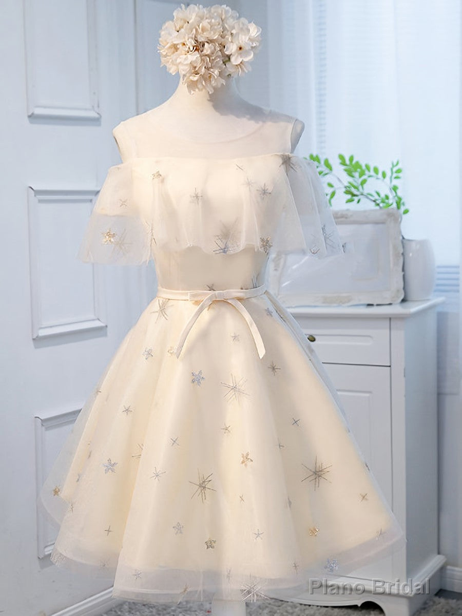 Round Neck Off the Shoulder Short Champagne Prom Dresses, Short Champagne Graduation Dress Secondary image