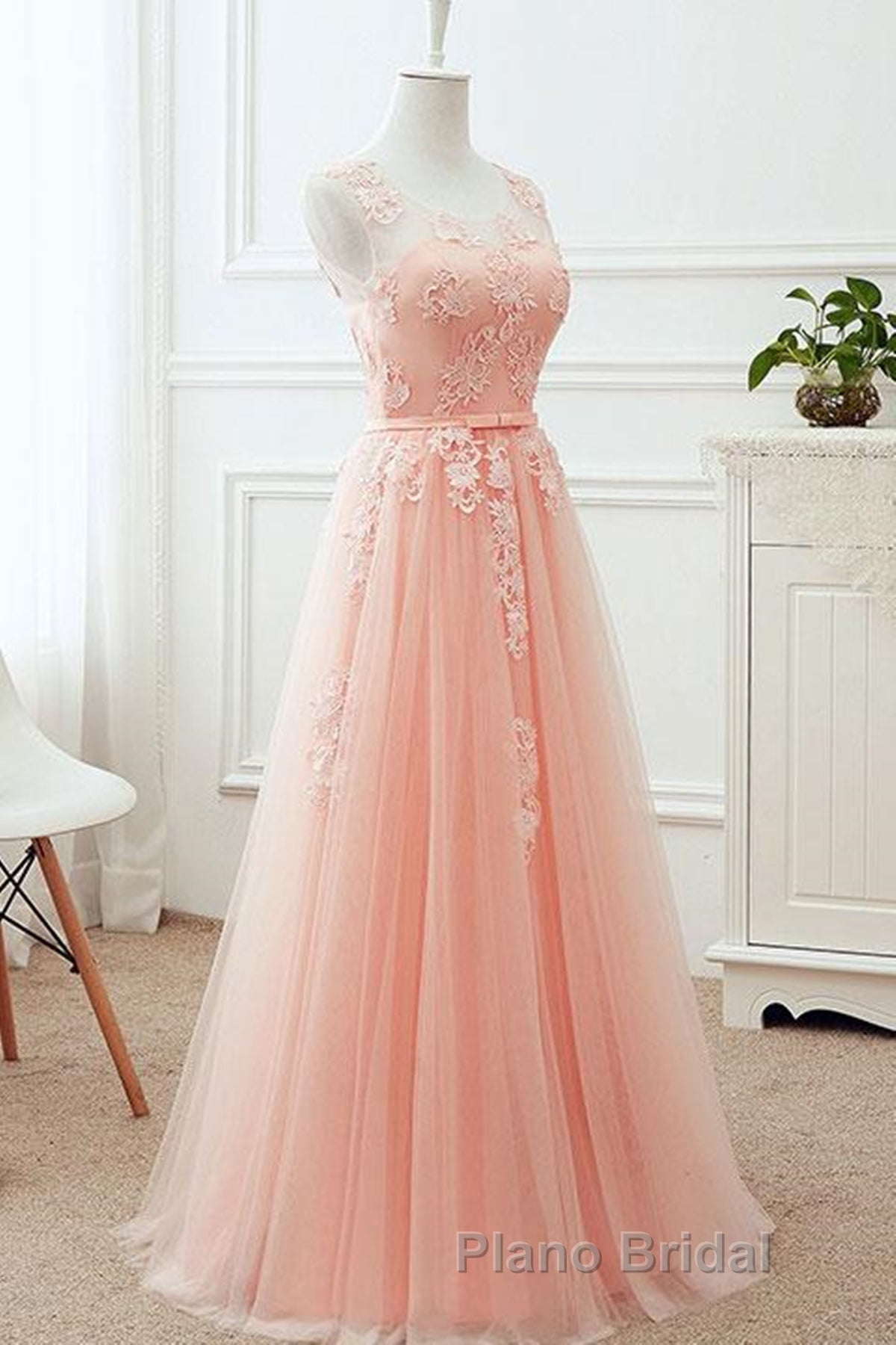 Round Neck Pink Lace Long Formal Prom Dresses, Pink Lace Bridesmaid Dresses Secondary image