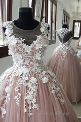 Round Neck Pink Lace Long Formal Prom Gown, Long Pink Lace Formal Prom Formal Evening Dress, Pink Ball Gown