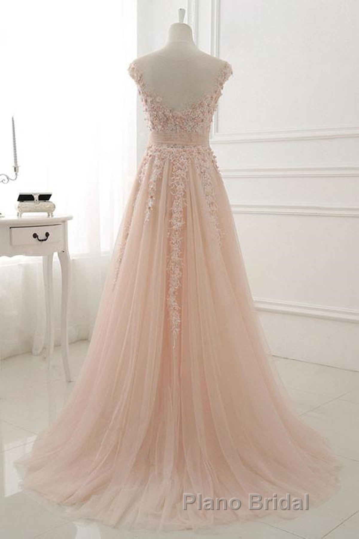 Round Neck Pink Lace Formal Prom Dresses, Pink Lace Formal Evening Dresses