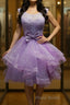 Round Neck Purple Lace Short Formal Prom Dresses, Lilac Lace Homecoming Dresses, Purple Formal Evening Dresses