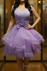 Round Neck Purple Lace Short Formal Prom Dresses, Lilac Lace Homecoming Dresses, Purple Formal Evening Dresses