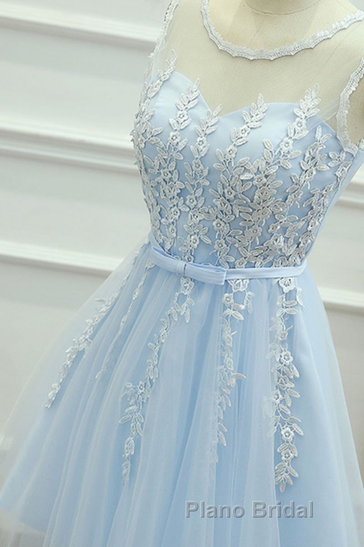Round Neck Short Blue Lace Formal Prom Dresses, Short Blue Lace Homecoming Graduation Dresses Secondary image