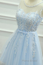 Round Neck Short Blue Lace Formal Prom Dresses, Short Blue Lace Homecoming Graduation Dresses