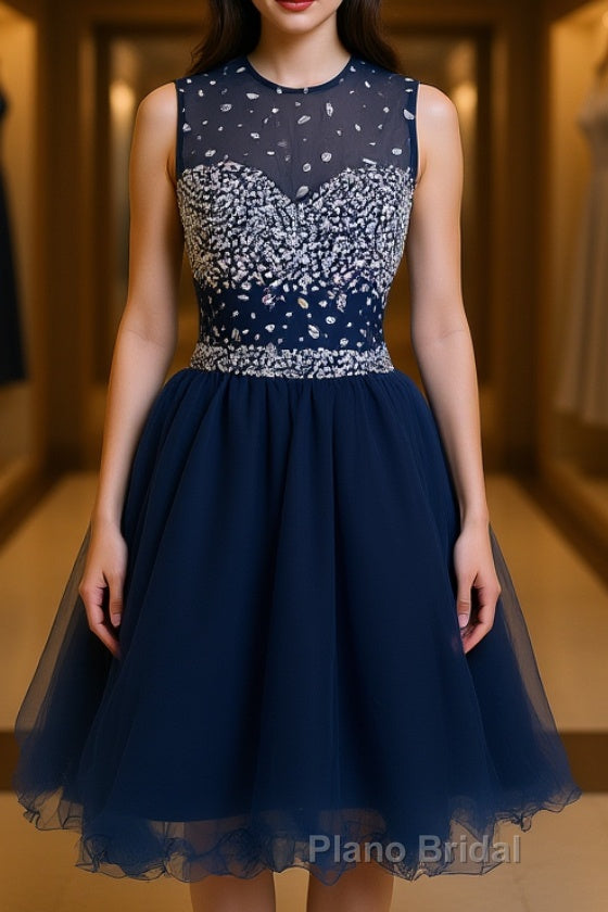 Round Neck Short Dark Blue Formal Prom Dresses, Short Dark Blue Homecoming Dresses