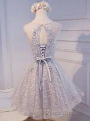 Round Neck Short Gray Lace Formal Prom Dresses, Short Gray Lace Formal Homecoming Graduation Dresses