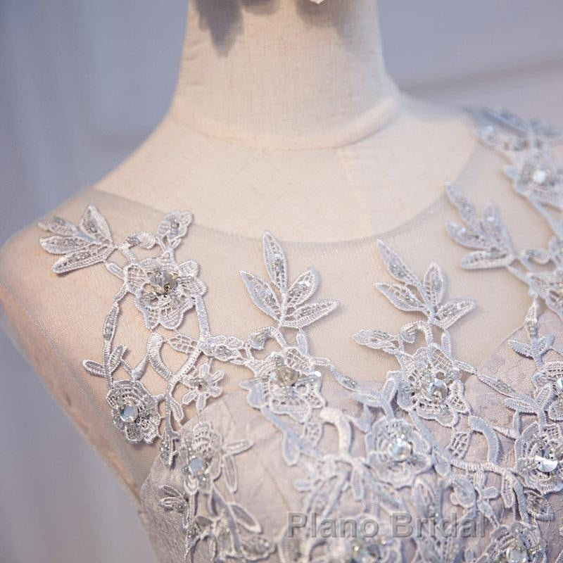 Round Neck Short Gray Lace Formal Prom Dresses, Short Gray Lace Formal Homecoming Graduation Dresses