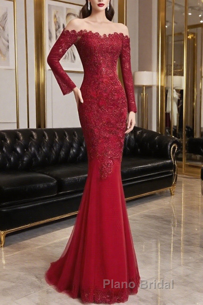 Round Neck Short Sleeves Mermaid Burgundy Lace Long Formal Prom Dress, Mermaid Burgundy Lace Formal Dress, Wine Red Evening Dress Main image