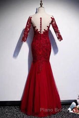 Round Neck Short Sleeves Mermaid Burgundy Lace Long Formal Prom Dress, Mermaid Burgundy Lace Formal Dress, Wine Red Evening Dress