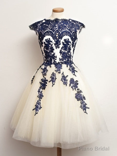 Round Neck Short White And Blue Lace Prom Dresses, Short Lace Homecoming/Graduation Dress Main image