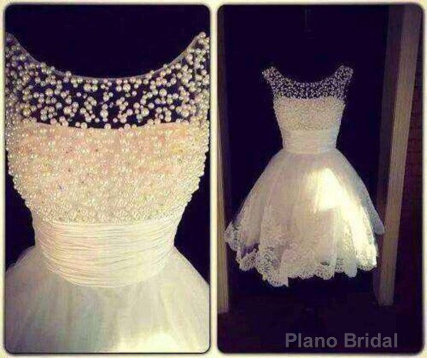 Round Neck White Short Lace Prom Dresses, White Short Lace Homecoming Dresses/Graduation Dress