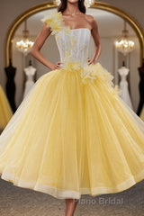 Round Neck Yellow Lace Tulle Formal Prom Dress, Yellow Lace Short Homecoming Dress, Yellow Formal Graduation Evening Dress