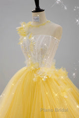 Round Neck Yellow Lace Tulle Formal Prom Dress, Yellow Lace Short Homecoming Dress, Yellow Formal Graduation Evening Dress