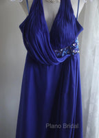 Royal Blue A-Line Halter Chiffon Satin Long Formal Prom Dresses V-Neck Beaded Birthday Party Dresses