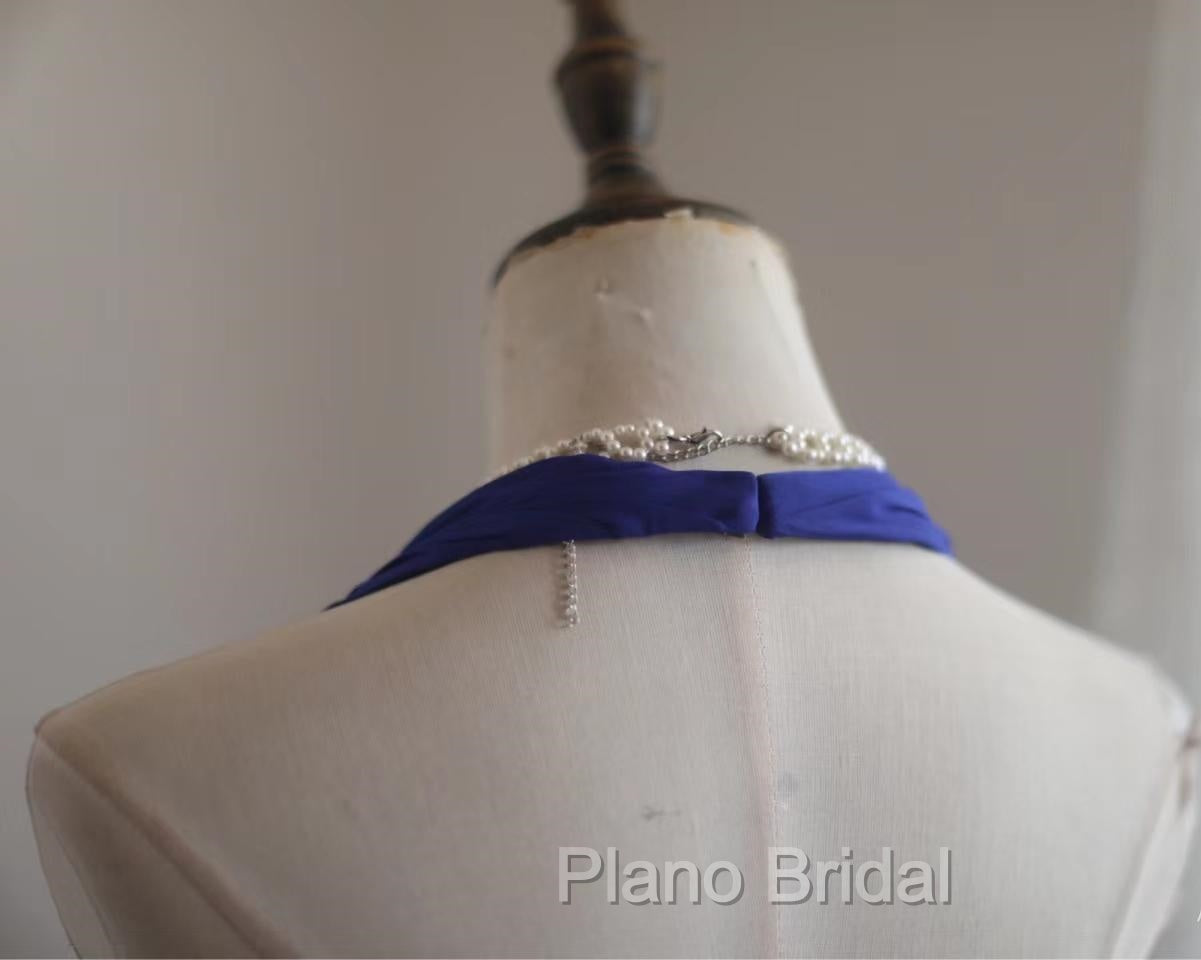 Royal Blue A-Line Halter Chiffon Satin Long Formal Prom Dresses V-Neck Beaded Birthday Party Dresses