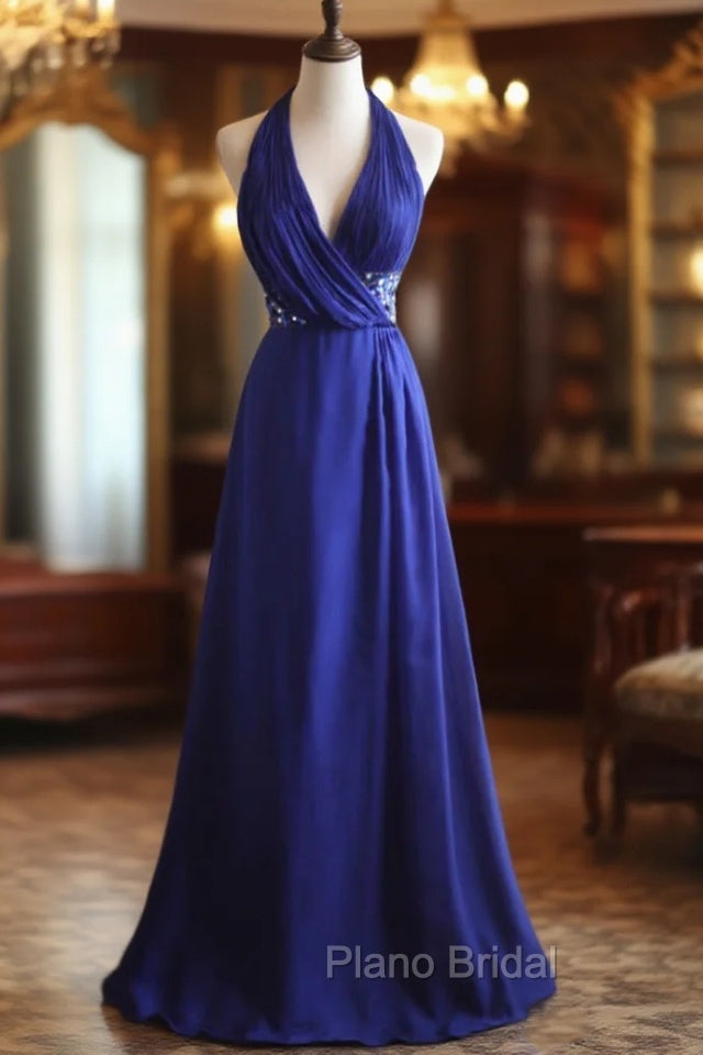 Royal Blue A-Line Halter Chiffon Satin Long Formal Prom Dresses V-Neck Beaded Birthday Party Dresses Main image
