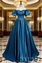 Royal Blue A-Line Formal Prom Dresses Off The Shoulder Pleated Dresses