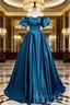 Royal Blue A-Line Formal Prom Dresses Off The Shoulder Pleated Dresses