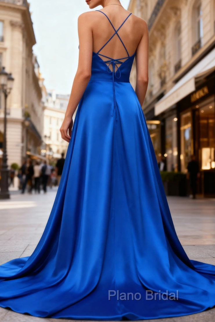Royal Blue A Line Spaghetti Straps Satin Formal Prom Dresses with Slit Secondary image
