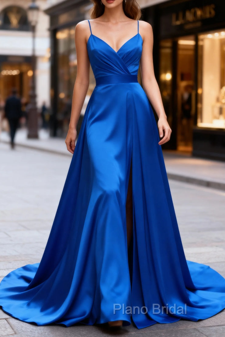 Royal Blue A Line Spaghetti Straps Satin Formal Prom Dresses with Slit