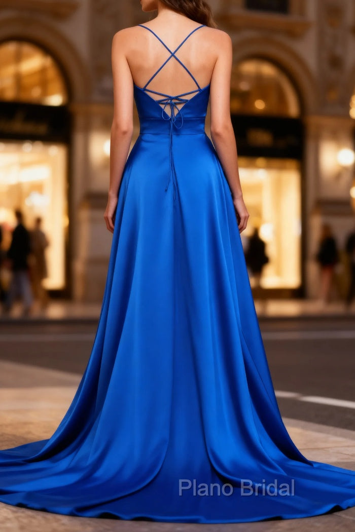 Royal Blue A Line Spaghetti Straps Satin Formal Prom Dresses with Slit