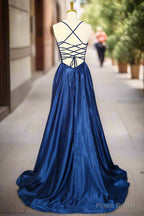 Royal Blue A-line V Neck Prom Dresses Spaghetti Straps Long/Floor-Length Charmeuse Fromal Dresses With Pleated