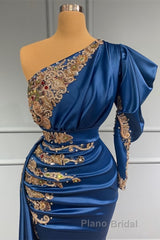 Royal Blue Asymmetric One Shoulder Stretch Satin Evening Formal Prom Dresses with Appliques