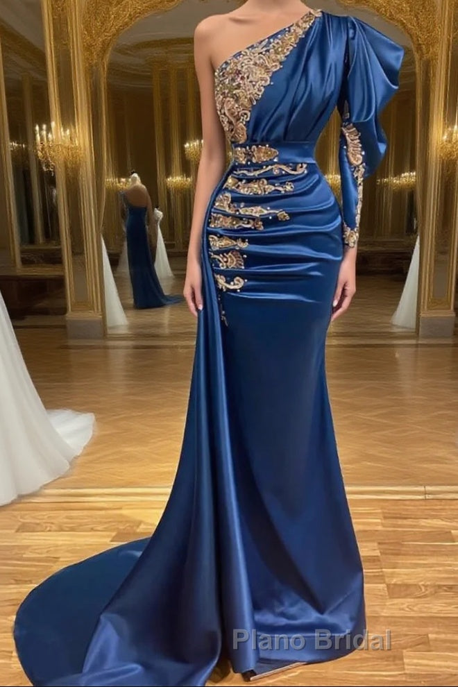 Royal Blue Asymmetric One Shoulder Stretch Satin Evening Formal Prom Dresses with Appliques