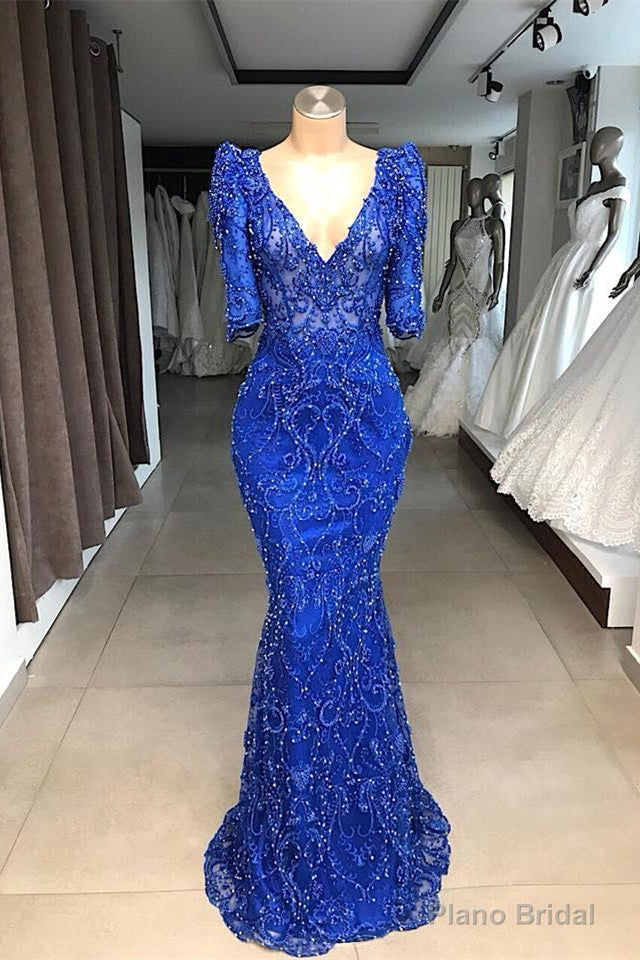 Royal blue Beaded Lace appliques 1/2 sleeve Mermaid Prom Party Gowns