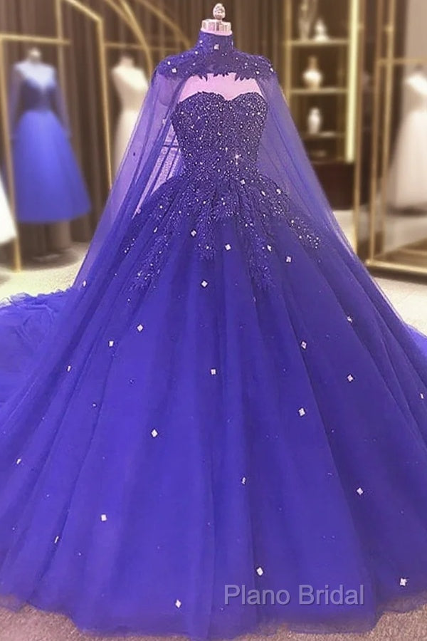 Royal Blue Beaded Sparkle Tulle Ball Gown Formal Dresses, Blue Wedding Party Dresses