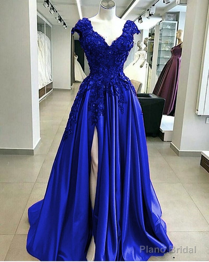 Royal Blue Cap sleeves V-neck High split A-line Evening Dresses Secondary image