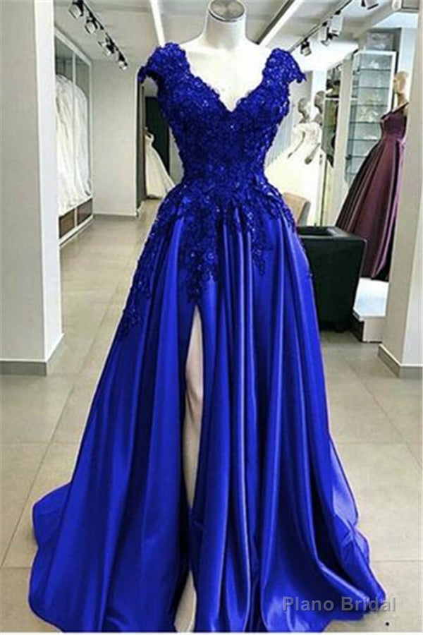 Royal Blue Cap sleeves V-neck High split A-line Evening Dresses Main image