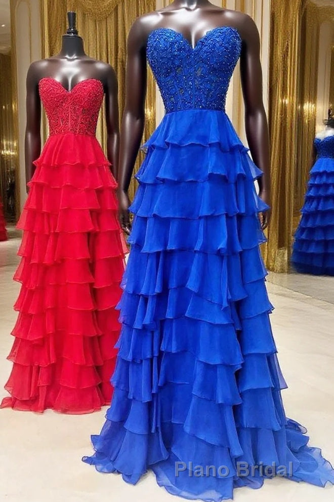 Royal Blue Chiffon Sweetheart Ruffle Tiered Long Formal Prom Dresses